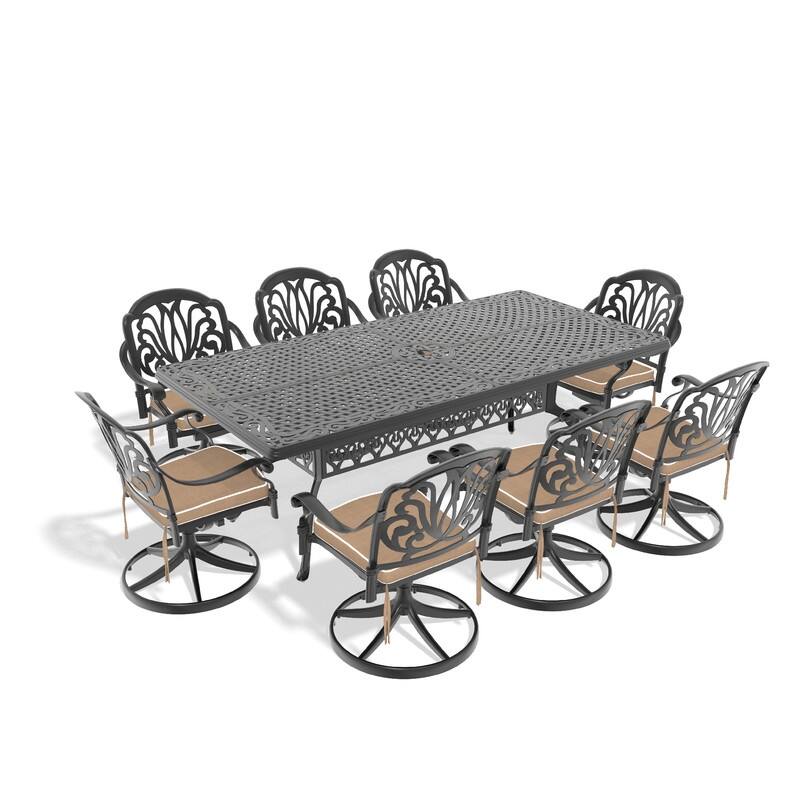 9-Piece Aluminum Rectangular Outdoor Patio Dining Set, 8 Cushioned Swivel Chairs, Table, All-Weather Frames