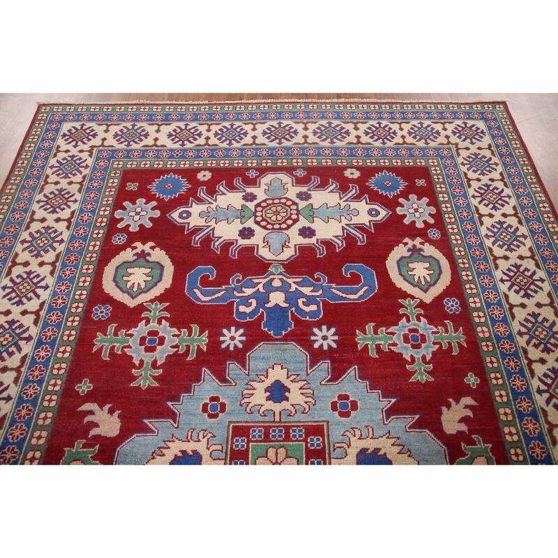 Hand Knotted Oriental 100% Wool Carpet Traditional Geometric Red Kazak Area Rug - 9' 9'' X 6' 6''