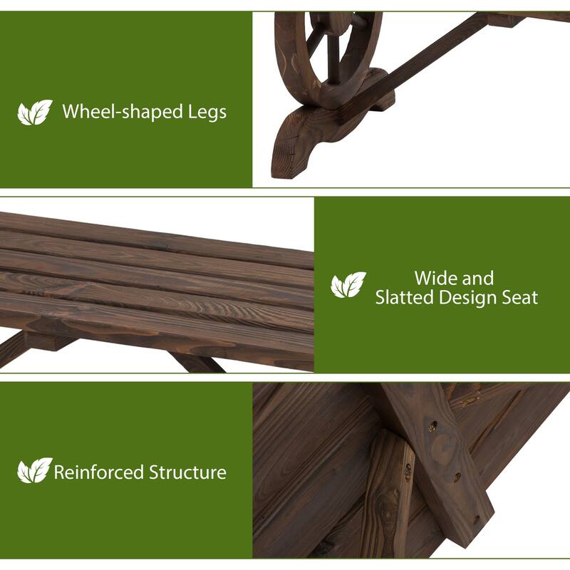 2-Person Wooden Garden Bench, Outdoor Wagon Wheel Porch Bench For Backyard Garden - Brown