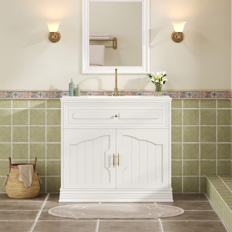 36" Elegant Bathroom Vanity‌ – Ceramic Sink, Solid Wood Frame & Soft-Closing Doors for Luxurious Storage. - White