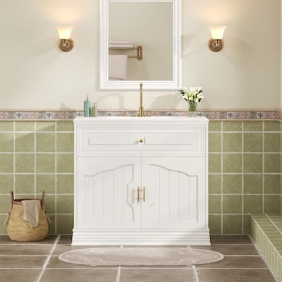 Bathroom Vanity Solid Wood Storage Cabinet with 2 Large Soft Closing Doors, Convenient Door Organizers and Adjustable Shelving