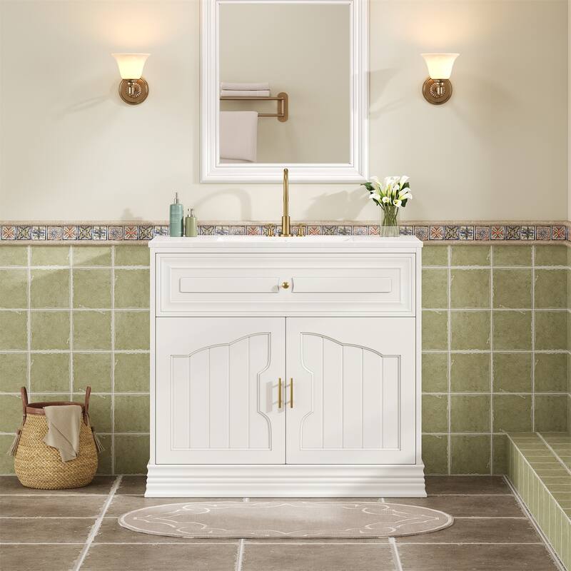 GDFStudio - Carriden Modern Bathroom Vanity with Ceramic Sink and 2 Large Soft-Closing Doors - 36.06'W - White