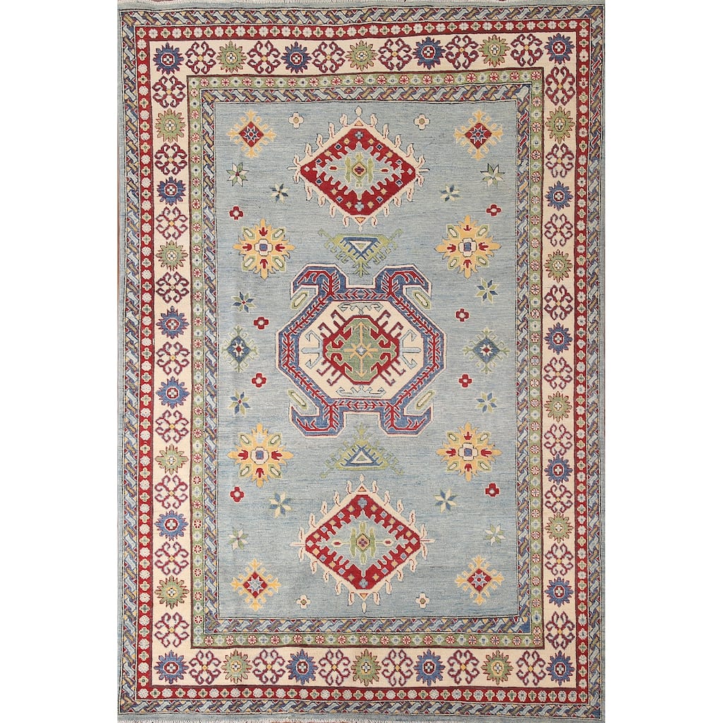 Light Blue Kazak Area Rug Hand-Knotted Traditional Wool Carpet - 6'6" x 9'7"