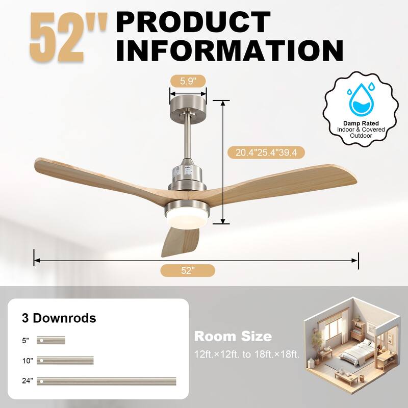 Sofucor 48/52 Inch Ceiling Fan with Light, Solid Wood Blades for Living Room, Bedroom,Smart Optional