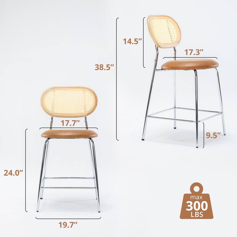 24 in. Rattan Counter Height Bar Stools with Faux Leather Seat (set of 2)