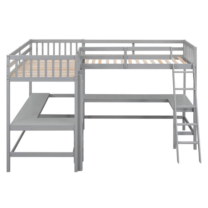 Space-Saving Twin L-Shaped Loft Bed with 2 Built-in Desks, Ladder, and Wooden Slat Support