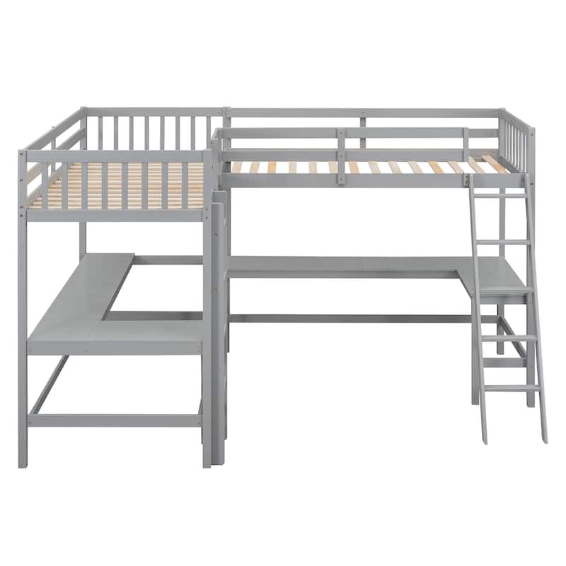 Wood Twin Size L-Shaped Loft Bed w/Ladder, 2 Built-in L-Shaped Desks