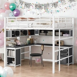 Elegant Metal Full Loft Bed with Bookcase, Desk and Cabinet, White
