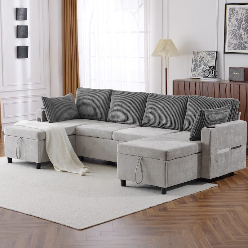 Corduroy L-shaped Sofa Sectional Sofa with 2 USB Ports and 2 Power Sockets, Storage Drawer Settee for Living Room