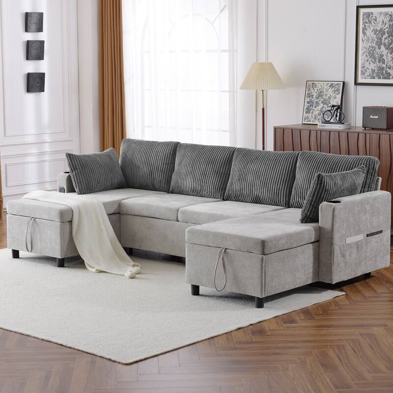 Roomfitters 113 Inch U-Shaped Sectional Sleeper Sofa with Storage Chaise and USB Ports, Chenille