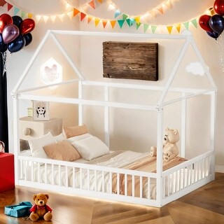 Kid Bed Frame Full Size Floor Wooden Bed with House Roof and Safety Guardrails