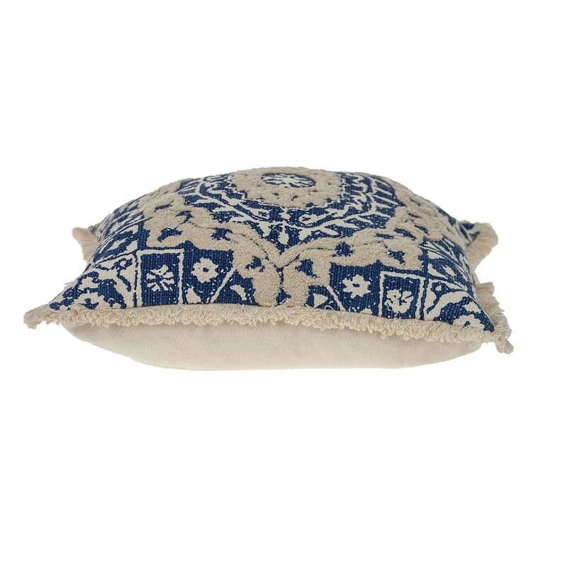 18" Beige and Blue Embroidered Ethnic Design Throw Pillow