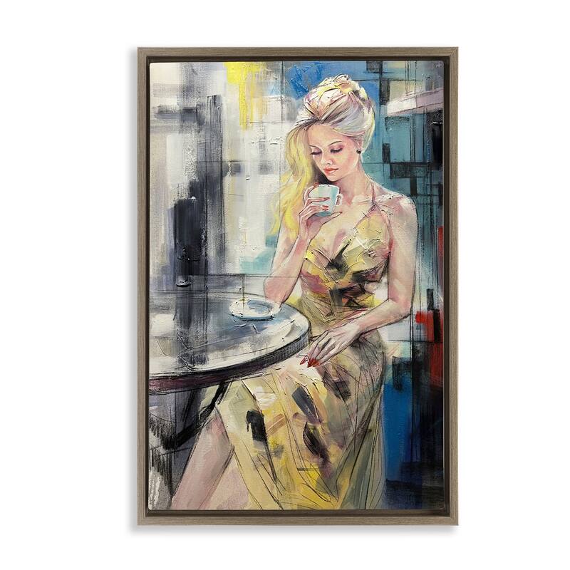 Stupell Elegant Woman at Cafe Framed Floater Canvas Wall Art Design By Lucille Lee - 17 x 25 - Brown