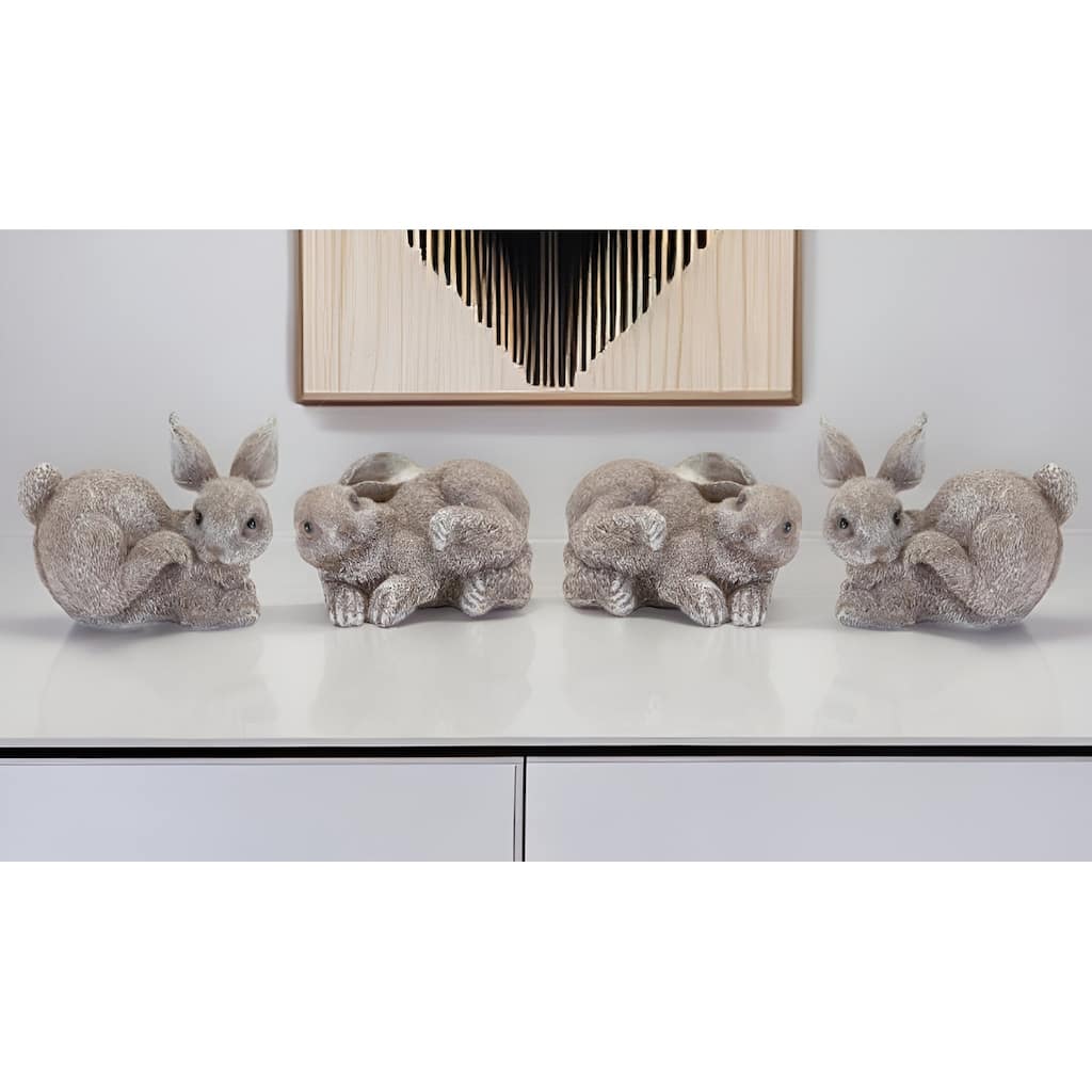 HomeRoots Set of Four 4" Gray and Brown Polyresin Rabbit Figurine Tabletop Sculpture - 5.25' X '4' X '5
