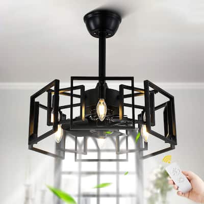 CurveCurio 20" Modern Matte Black Industrial Caged Ceiling Fan w/ 6 Lights, Quiet DC Motor 3 Speed Remote Control Fanlight