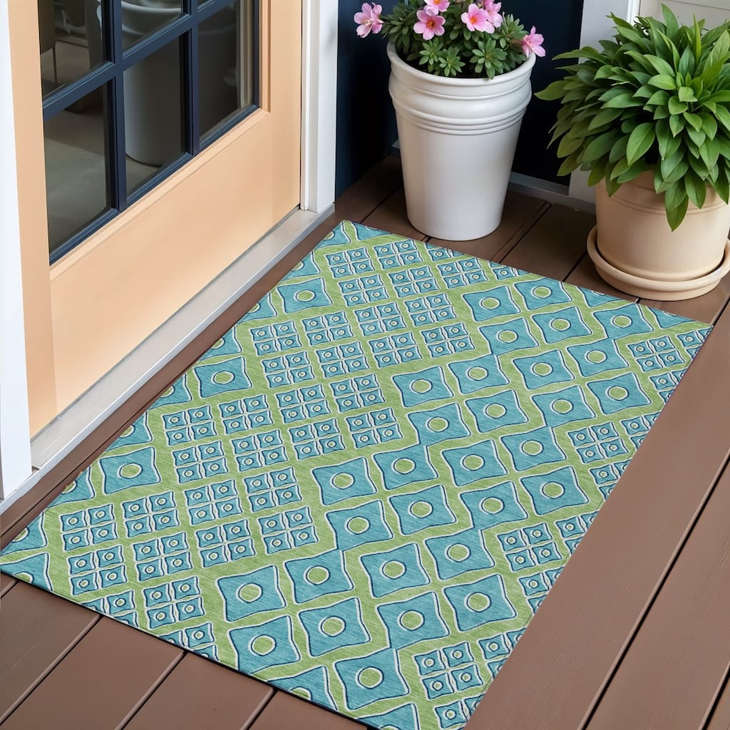 Artichoke Green And Aqua Geometric Washable Indoor Outdoor Area Rug - 3' x 5'