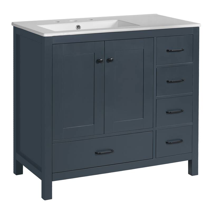 36" Blue Bathroom Vanity With Ceramic Sink Combo, Abundant Storage Cabinet -2 Soft Close Doors And 5 Drawers