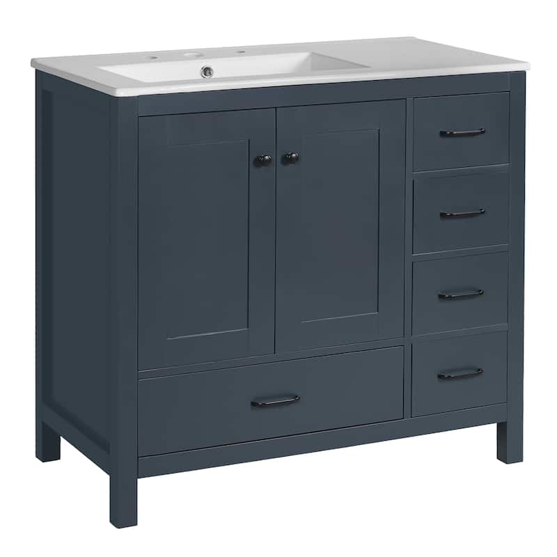 Bathroom Vanity with Sink, Freestanding Wooden Bathroom Cabinet, Storage Cabinet with 2 Soft-Close Doors & 5 Drawers