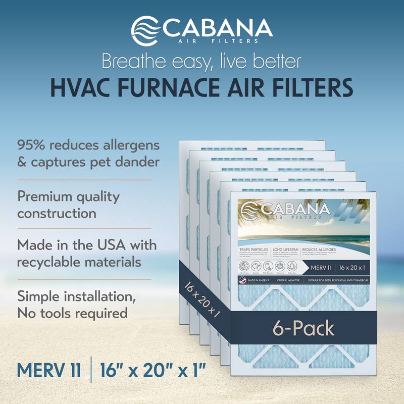 Cabana Air Filters 6 Pack HVAC Furnace Air Filters, MERV 11, 16 x 20 x 1, White - 0.68
