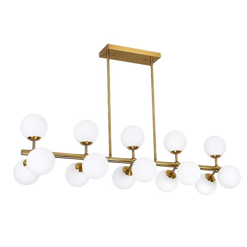 44in W Linear Mid Century Modern Chandelier 15 Light Gold Brass Sputnik Pendant Light with Frosted Glass Globe for Dining Room