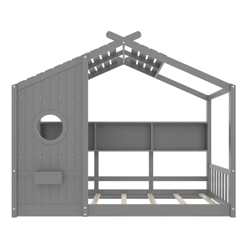 Floor House Bed with Roof & Storage Shelf by Harper&Bright Designs