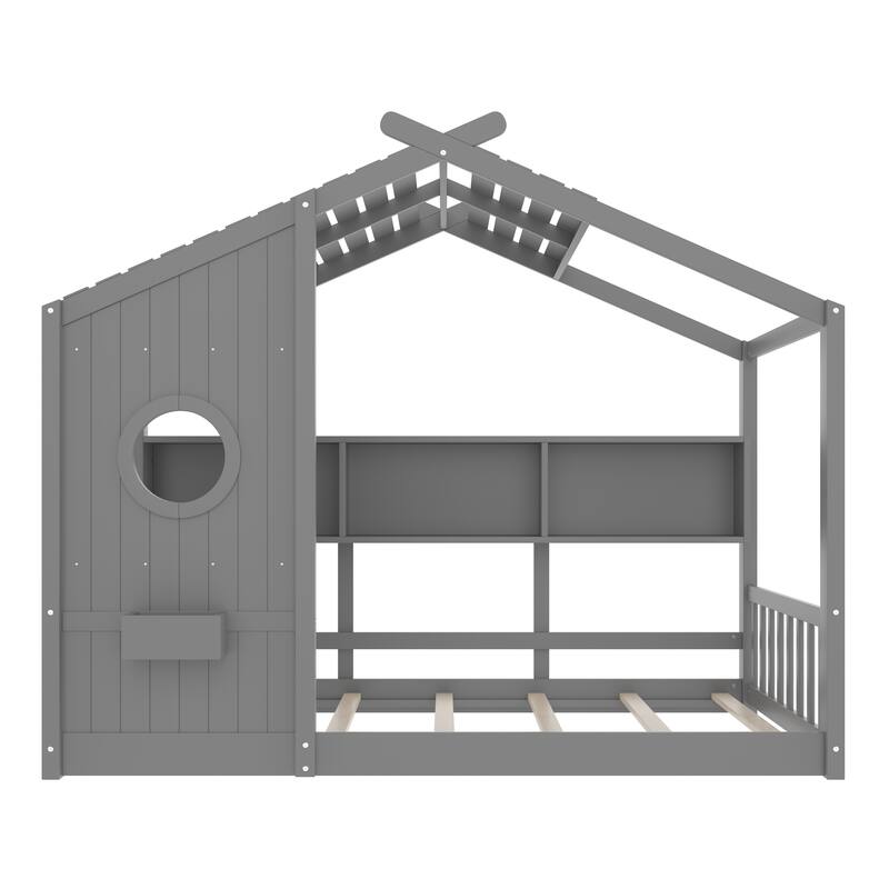 House Bed Frame for Toddler Floor Bed, Kids Montessori Bed with Storage Shelf and Round Window, Playhouse Bed with Roof Design
