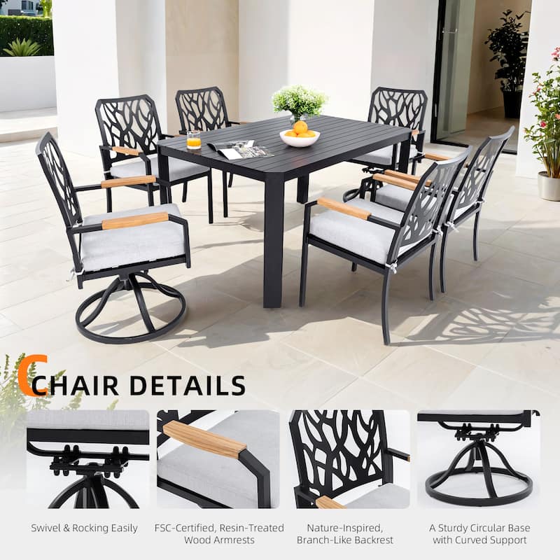 2-Piece Swivel Rocker Patio Chairs - Aluminum Frame, Branch Back, Wood Arms, Sunbrella Cushions, Bourbon Brown