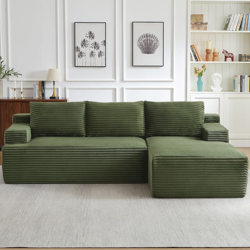 Corduroy Upholstery Cloud Modular Sectional Sofa with Chaise and Pillows, All-Foam Compression Design
