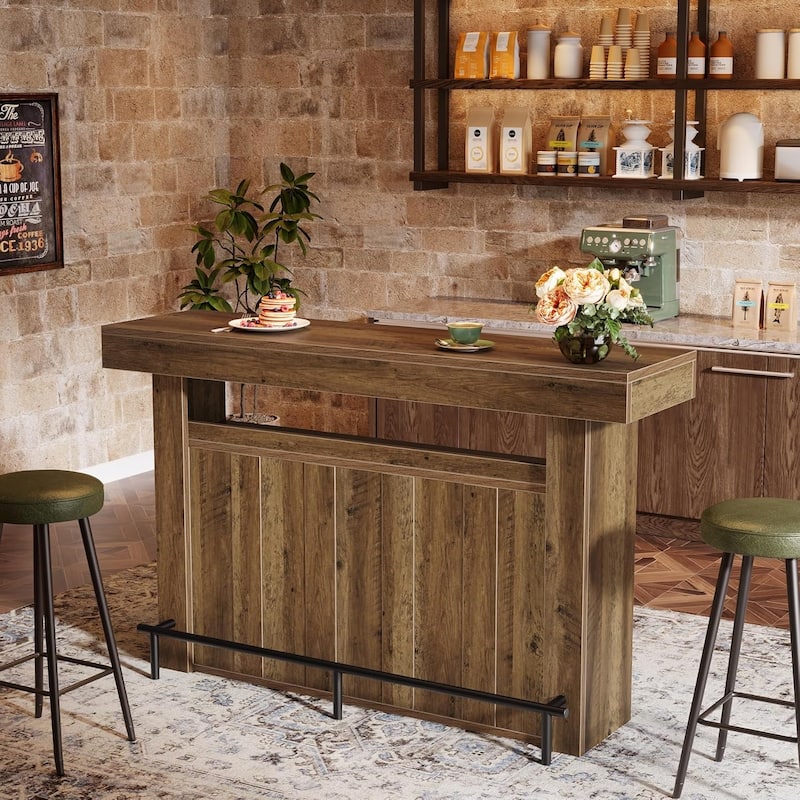 63 Inches Bar Table with Footrest and Storage Shelves for Kitchen Bistro Basement - Brown