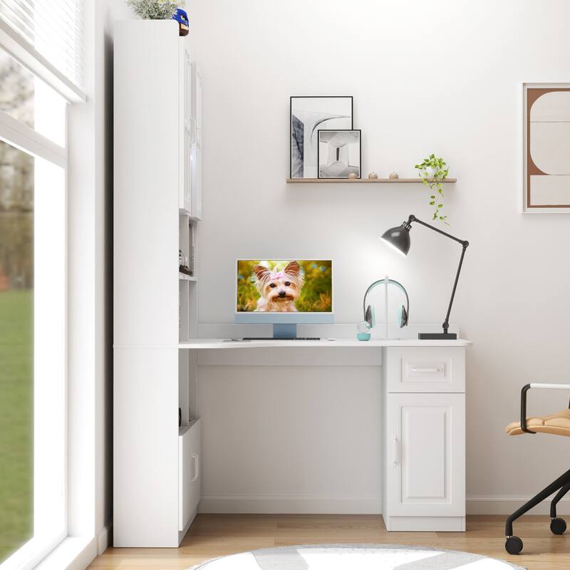 L-Shaped Corner Computer Desk for Home Office or Study desk, Study Modern Style Table with Drawers, Bookshelf & Hutch - White