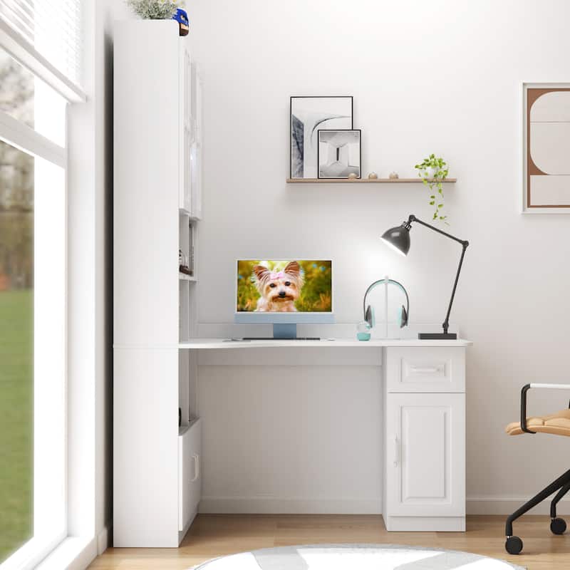 L-Shaped Corner Computer Desk with Drawers & Hutch, Modern Office Desk with Bookshelf, Large Wood Workspace Table for Home