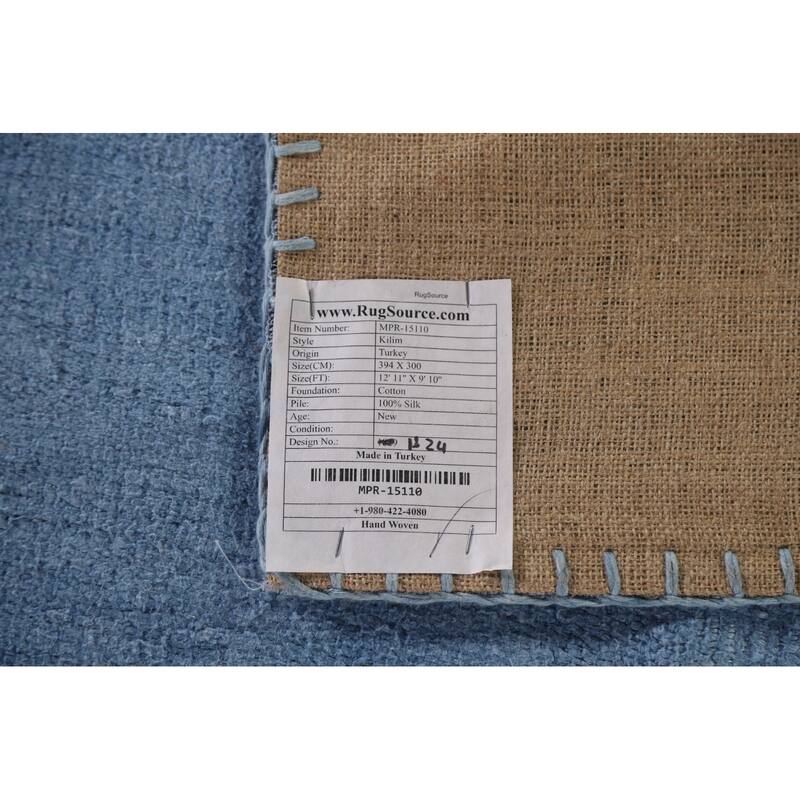 Blue Geometric Kilim Turkish Area Rug Hand-Woven Silk Carpet - 9'10"x 12'11"