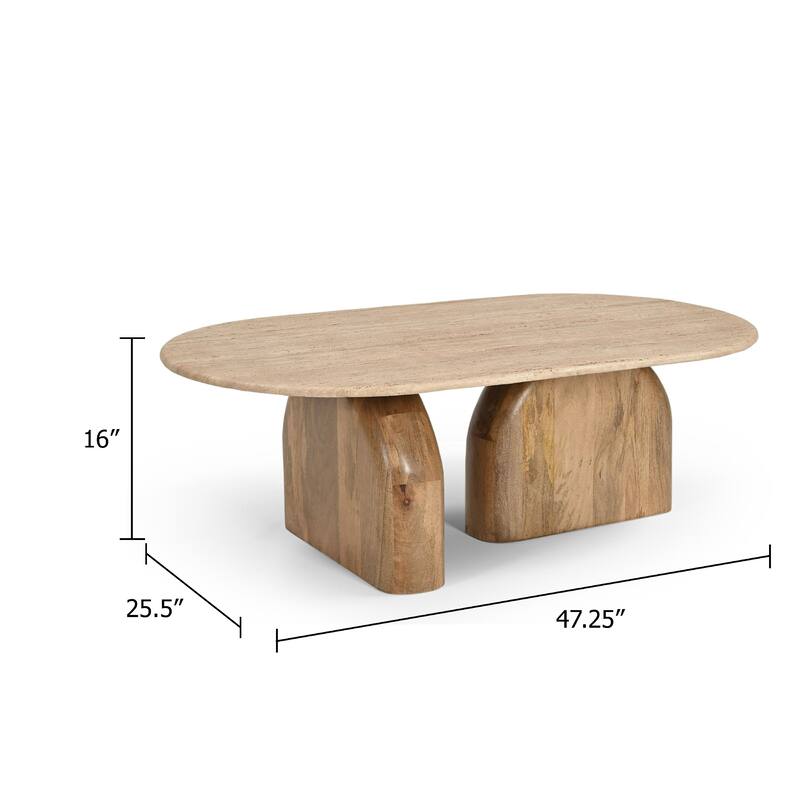 Cid Elis Coffee Table, Beige Travertine Marble and Solid Wood, 47 Inch