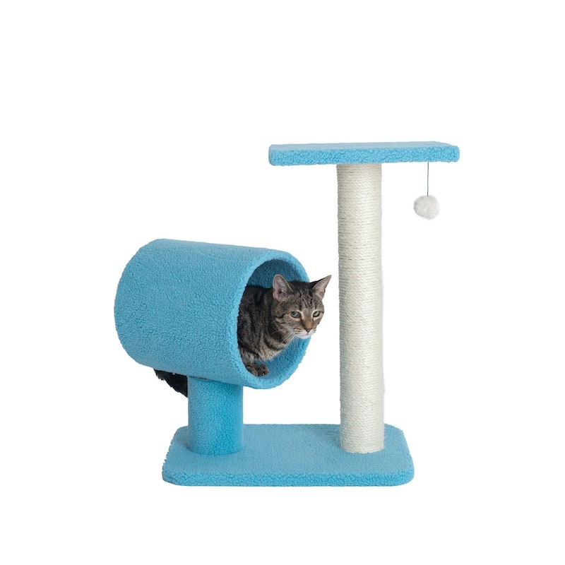 Sky Blue Real Wood Cat Tree With Scratcher And Tunnel for Privacy And Hiding