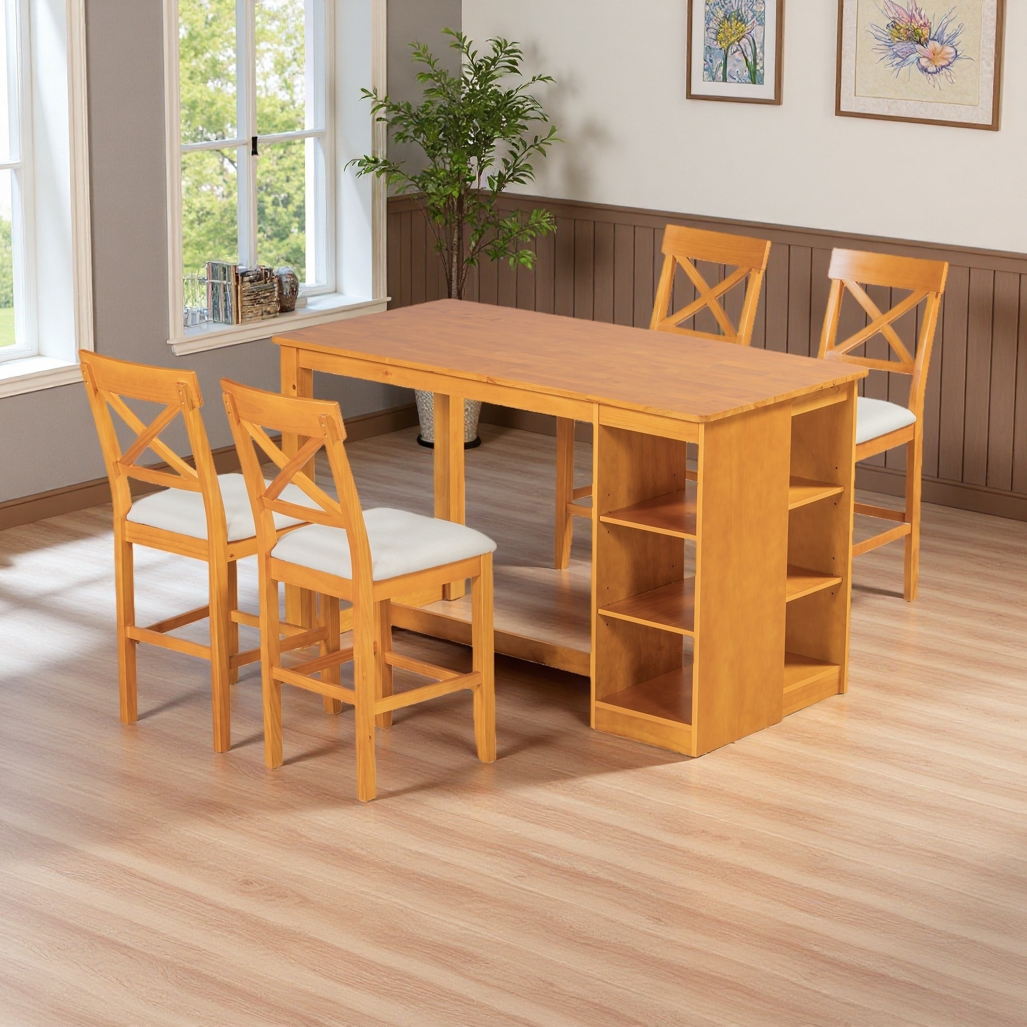 5-Piece Counter Height Dining Set with 3-Tier Storage Shelves and 4 Upholstered Chairs