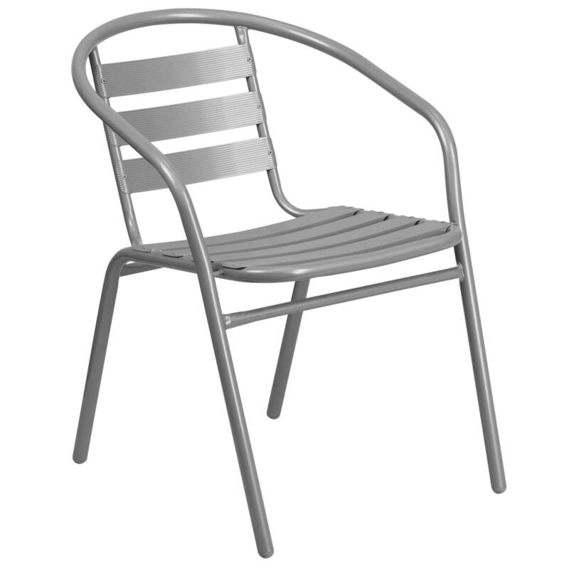 31.5" Round Glass Metal Table with 4 Metal Aluminum Slat Stack Chairs