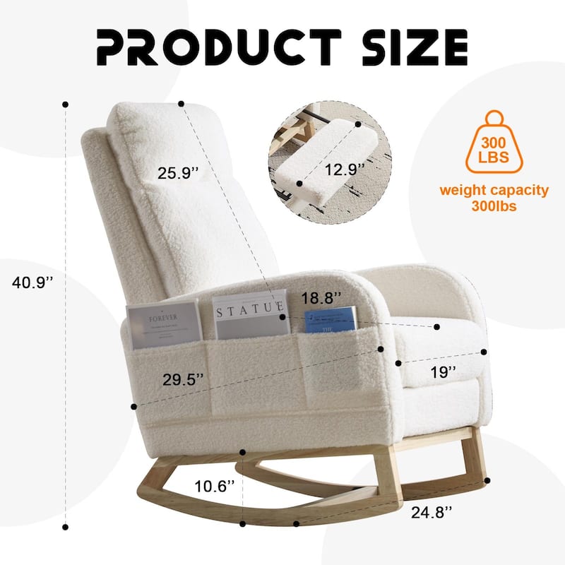 Polyester Fabric Rubber Wood Accent Rocking Chair with Side Pocket - 29.5"D x 24.8"W x 40.9"H
