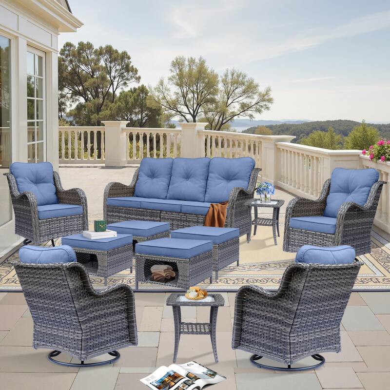 11 Piece Outdoor Wicker Patio Conversation Swivel Chairs Furniture Set - Denim Blue-Gray Rattan