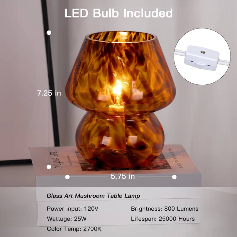 Brown Leopard Print All-glass Table Lamp with Inline Switch - 5.75'' x 5.75'' x 7.25'' (L x W x H)