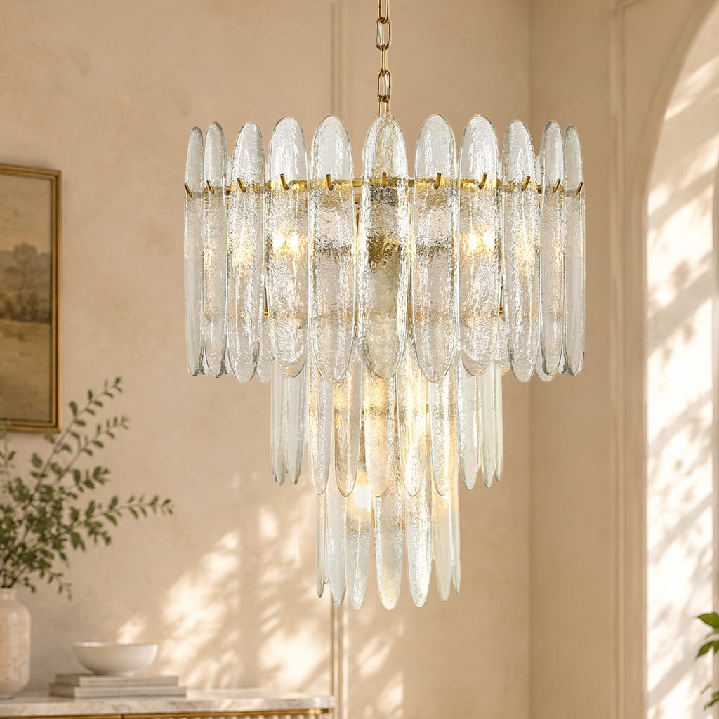 LNC 7-Light Modern Luxury Chandelier Gold 3-Tier Lantern Textured Clear Glass Ceiling Lights - 19.1" Dia. × 22.4" H
