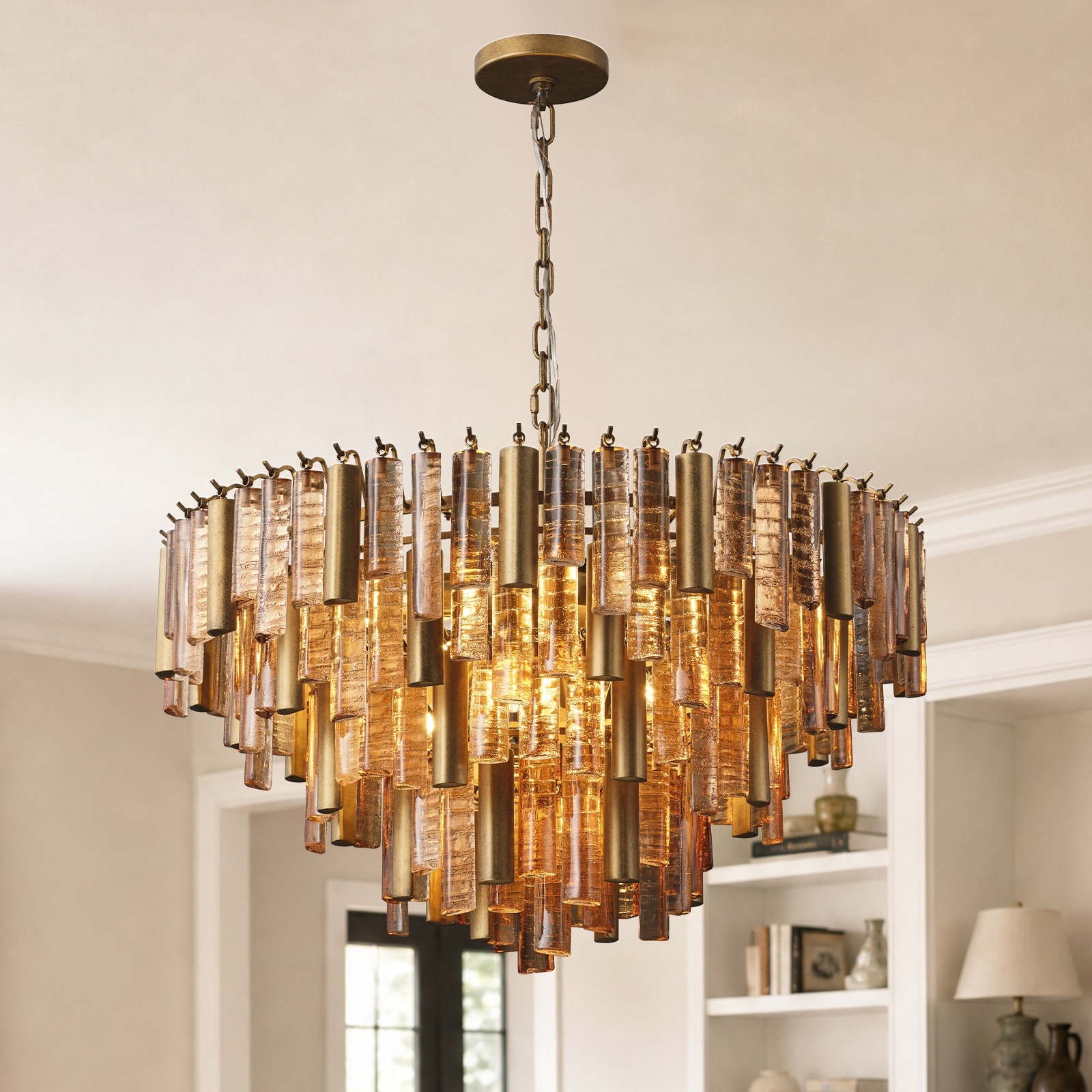 KAYLA Modern Amber Glass Light Fixture Gold Crystal Like Glass Chandelier