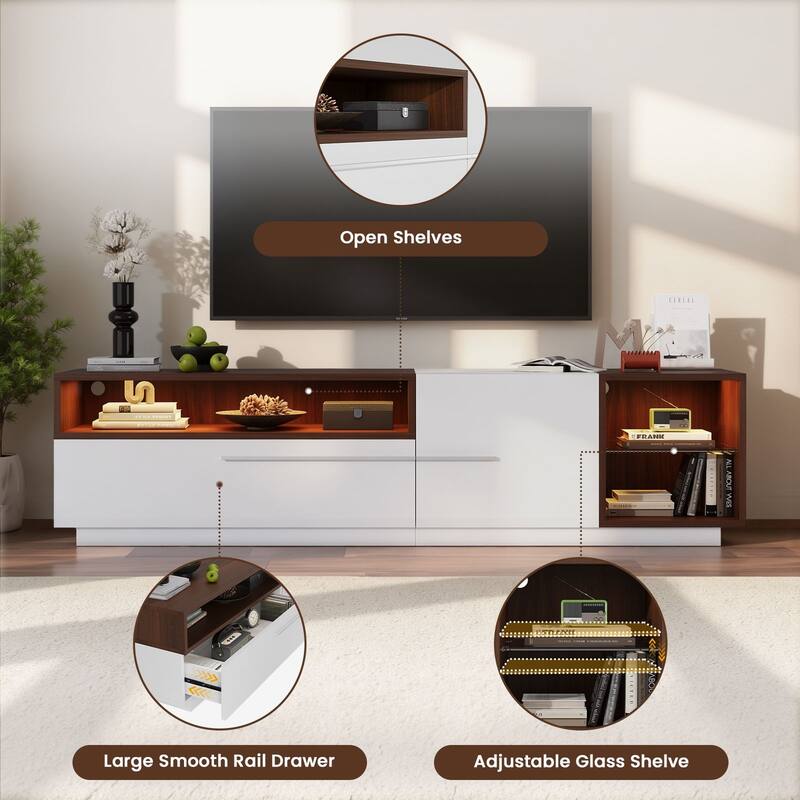 Meyreso 70.8" Modern High Gloss White & Walnut TV Stand with LED Lighting and Open Storage - 70 inches