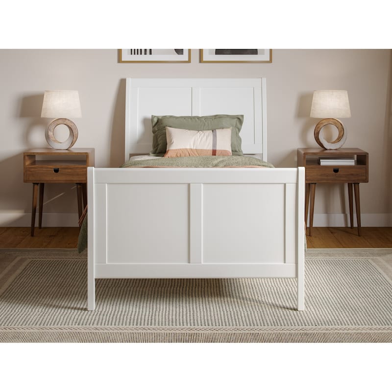 Twin XL Platform Bed Wood Sleigh Low Profile Bed Frame with Footboard - White Finish