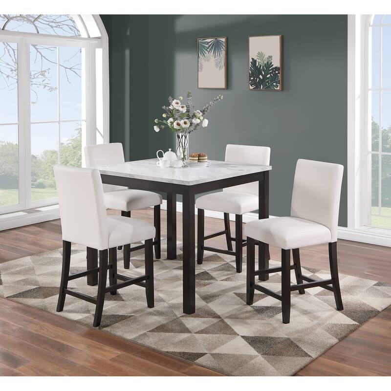 5 Pcs Counter Height Dining Set, Kitchen Dining Room Furniture Set with Faux Marble Square Table and Faux Leather Chairs