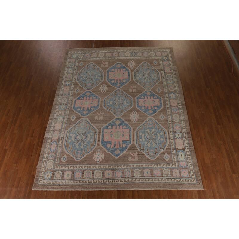 Hand Knotted Oriental 100% Wool Carpet Transitional All-Over Brown Oushak Area Rug - 12' 4'' X 9' 5''