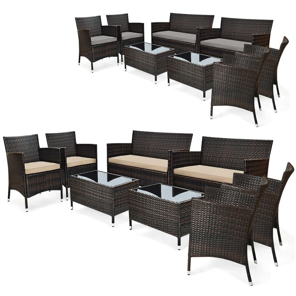 8PCS Patio Rattan Conversation Set Outdoor Furniture Set w/ End Table