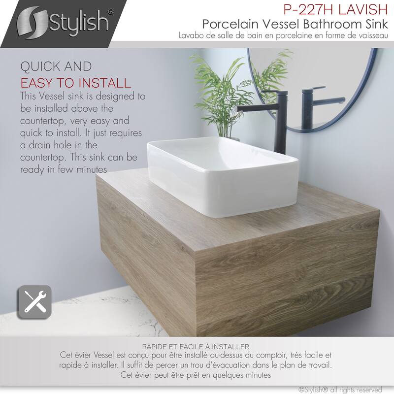 STYLISH Porcelain Rectangular 18-7/8-inches Vessel Ceramic Bathroom Sink - 19" x 11 1/2" x 5"