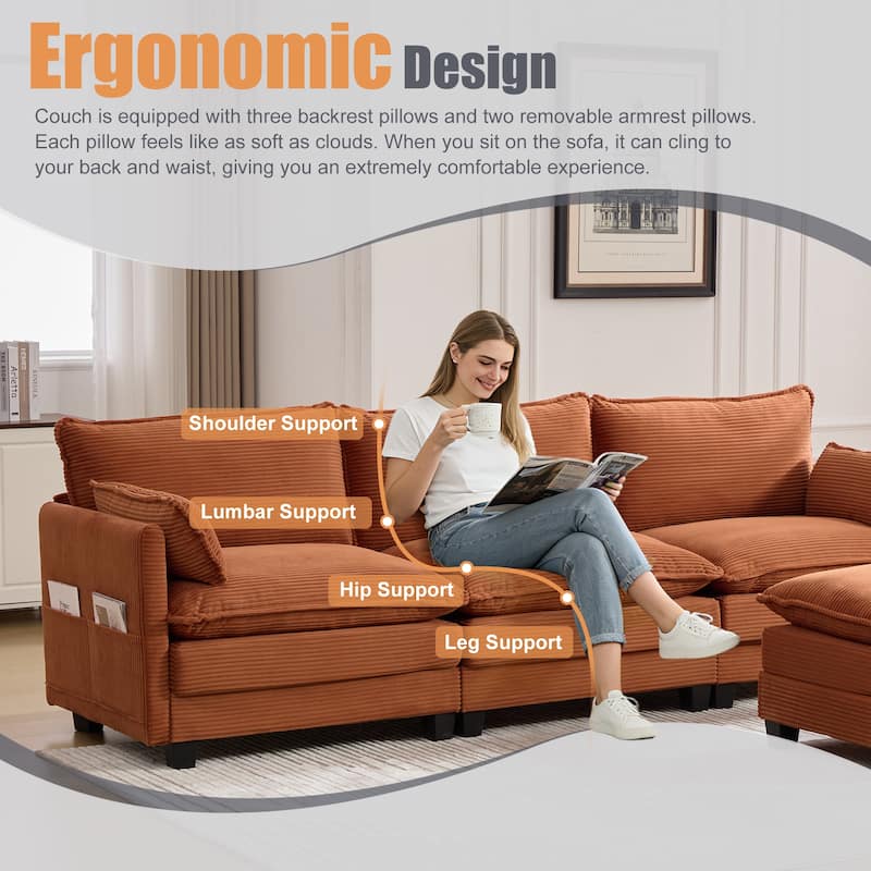 Oversized Modular Sectional Sofa with Ottoman, 102 Inch 4 Seat Corduroy L Shaped Couch for Living Room