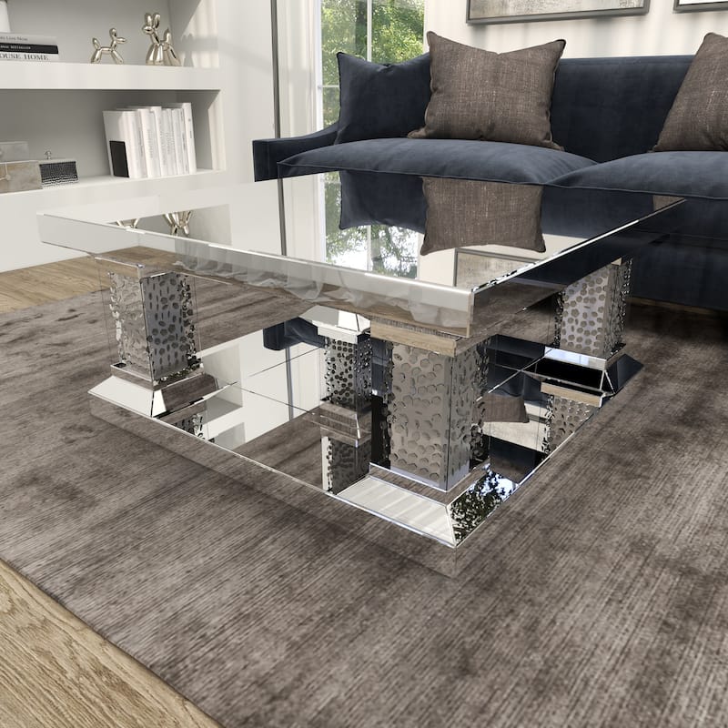 Glass Mirrored Coffee Table with Crystal Embellishments - Silver - Roche River Decor