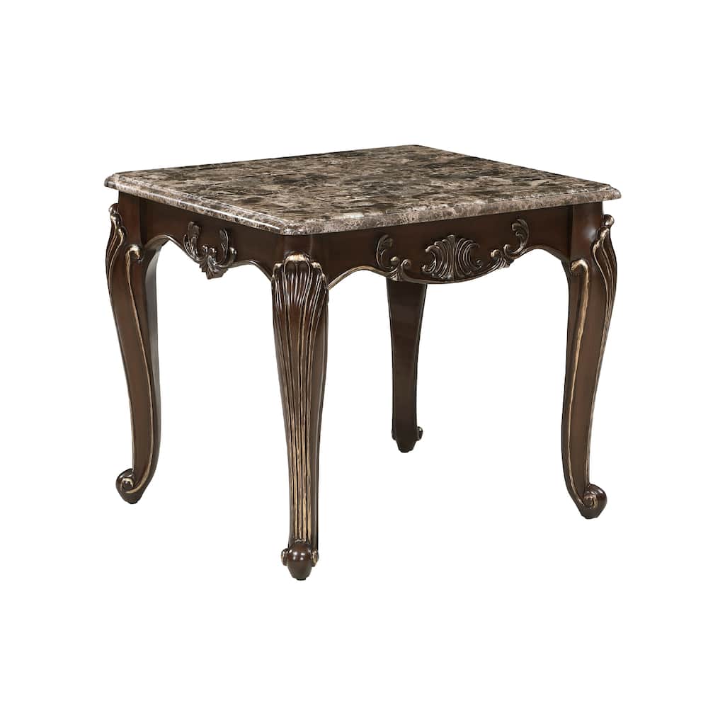 Hesar Side End Table, 28 Inch Marble, Cherry Brown Wood Cabriole Legs
